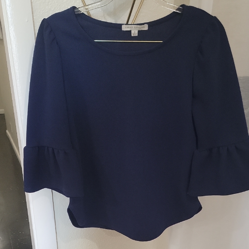 Green Envelope Navy Ruffle-Sleeve Blouse